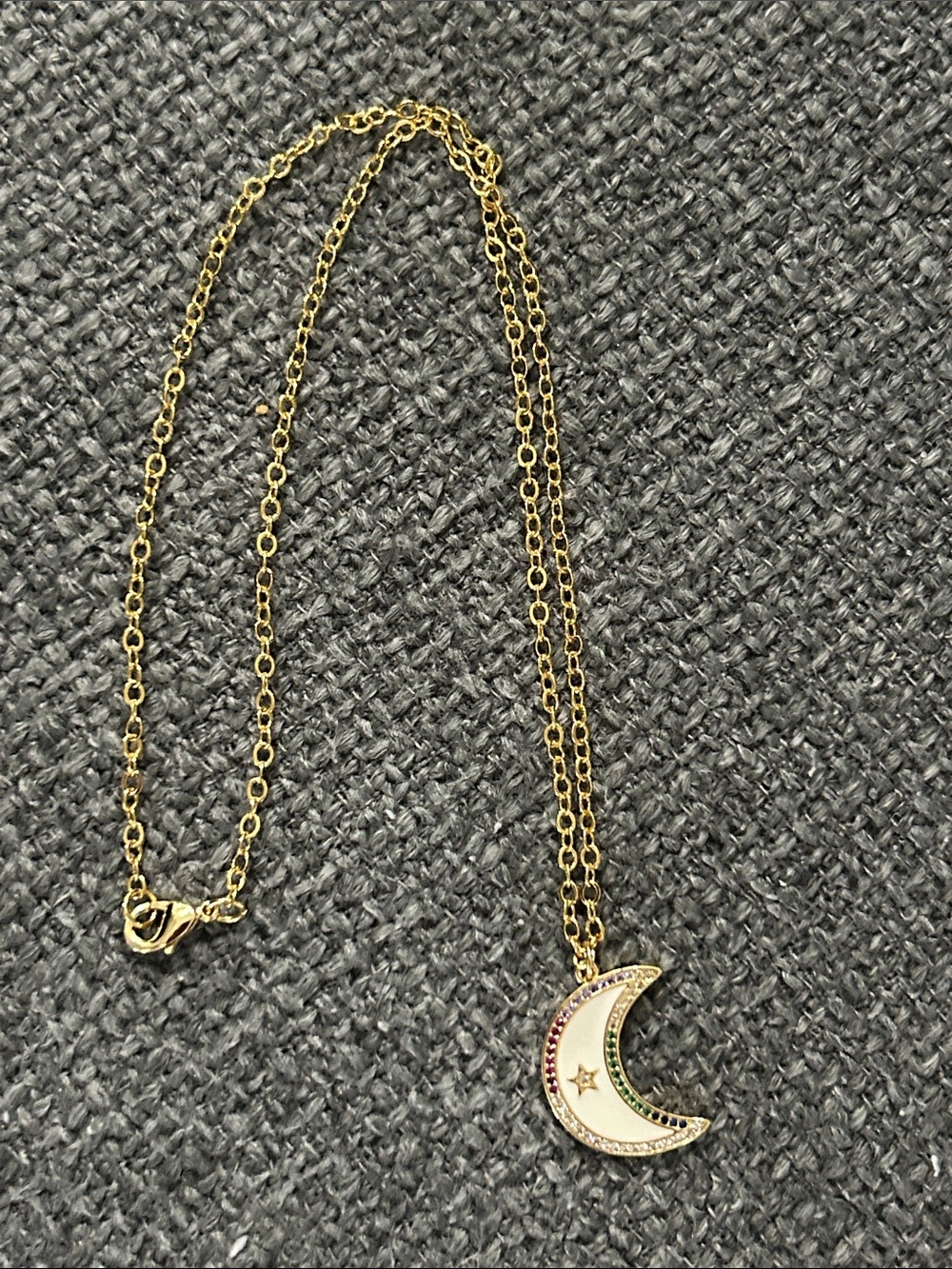 Gold-Tone Crescent Moon Pendant Necklace with Multicolor Stones